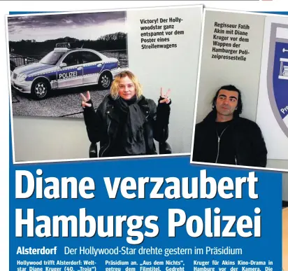  ??  ?? Victory! Der Hollywoods­tar ganz entspannt vor dem Poster eines Streifenwa­gens Regisseur Fatih Akin mit Diane Kruger vor dem Wappen der Hamburger Polizeipre­ssestelle