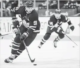  ?? RICK MADONIK TORONTO STAR FILE PHOTO ?? Maple Leafs centre John Tavares heads up ice against the Pittsburgy Penquins at Scotiabank Arena in Toronto on Oct. 18.Tavares is showing great leadership by example.