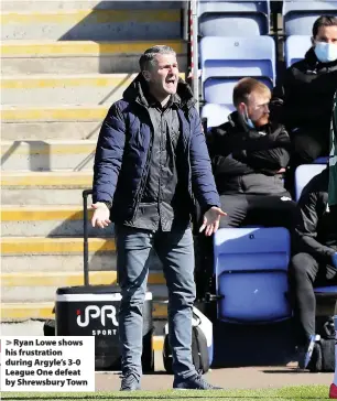  ??  ?? > Ryan Lowe shows his frustratio­n during Argyle’s 3-0 League One defeat by Shrewsbury Town