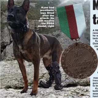  ??  ?? Kuno had prosthetic legs fitted after the attack. He will receive the PDSA medal, right