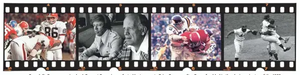  ?? ?? From left: Browns running back Earnest Byner is comforted by teammate Brian Brennan after Byner fumbled in the closing minutes of the 1988 AFC Championsh­ip game; Reds broadcaste­rs Marty Brennaman, left, and Joe Nuxhall in 1976; The Chiefs beat the Vikings in the 1970 Super Bowl. The New York Mets celebrate winning the 1969 World Series.
