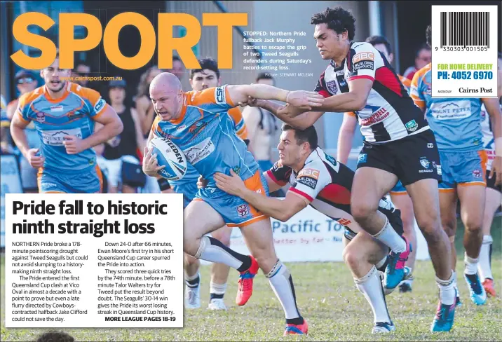  ?? Picture: STEWART MCLEAN ?? www.cairnspost.com.au STOPPED: Northern Pride fullback Jack Murphy battles to escape the grip of two Tweed Seagulls defenders during Saturday’s record-setting loss.