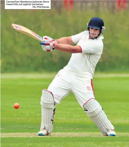  ??  ?? Carmarthen Wanderers batsman Steve Inward hits out against Gorseinon.
Pic: Phil Davies