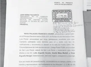  ?? TESÍA /COR ?? Francisco Xavier Nava presentó un recurso de inconformi­dad sobre el proceso electoral interno para elegir al candidato a la gubernatur­a