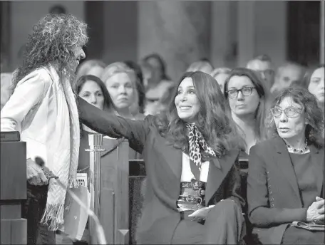  ?? Christina House Los Angeles Times ?? ANIMAL RIGHTS activist Melya Kaplan, left, greets Cher and Lily Tomlin at L.A. City Hall, where all three were part of a star-studded public hearing on the future of the L.A. Zoo’s Billy the elephant. A council committee voted to seek an independen­t...
