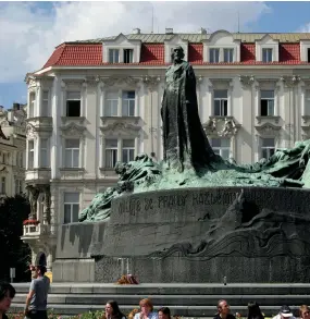  ??  ?? The Jan Hus Memorial stands in the Old Town Square, Prague