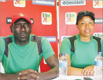  ??  ?? READY TO RUMBLE . . . Zimbabwe coach Trevor Phiri (left) and captain Sharne Mayers address the media in Harare yesterday ahead of their trip to fight for a World Cup place