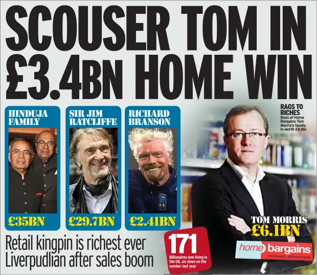  ?? ?? RAGS TO RICHES Boss of Home Bargains Tom Morris’s family is worth £6.1bn hinduja family sir jim ratcliffe richard branson £35bn £29.7bn £2.41bn TOM MORRIS £6.1bn