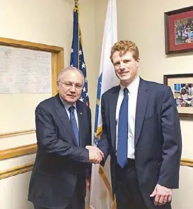  ??  ?? With Congressma­n Joseph ‘Joe’ Kennedy III at his district office in Newton.