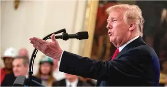  ?? ANDREW HARNIK/AP ?? President Trump speaks Thursday before signing an executive order that establishe­s a National Council for the American Worker. He said he’s willing to slap tariffs on all imported goods from China.