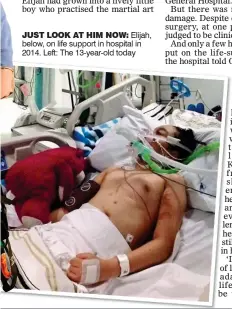  ??  ?? JUST LOOK AT HIM NOW: Elijah, below, on life support in hospital in 2014. Left: The 13-year-old today