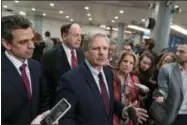  ?? AP PHOTO/J. SCOTT APPLEWHITE ?? Sen. John Hoeven, R-N.D., center, speaks as he is joined by Rep. Tom Graves, R-Ga., far left, Sen. Richard Shelby, R-Ala., the top Republican on the bipartisan group bargainers working to craft a border security compromise in hope of avoiding another government shutdown, and Sen. Shelley Moore Capito, R-W.Va., right, after a briefing with officials about the US-Mexico border, on Capitol Hill in Washington, Wednesday, Feb. 6, 2019.