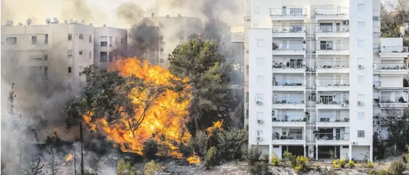  ?? Foto: Jack Guez, afp ?? Die Brände in der Küstenstad­t Haifa bedrohten teilweise unmittelba­r dichtbesie­delte Viertel. Tausende Bewohner mussten aus den Gefahrenzo­nen gebracht werden.