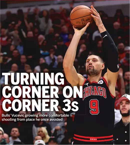  ?? GETTY IMAGES ?? Bulls center Nikola Vucevic is shooting 7-for-10 on corner three-pointers in 13 games this season. He made five corner threes all of last season.