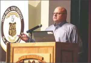  ?? The Sentinel-Record/Richard Rasmussen ?? BACK TO SCHOOL: Lake Hamilton School District Superinten­dent Shawn Higginboth­am speaks to the district’s teachers Tuesday.