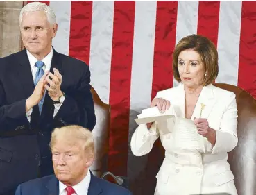  ?? AFP, AP ?? US House Speaker Nancy Pelosi rips up a copy of US President Donal Trump’s speech at the end of his State of the Union address in Washington on Tuesday. Photo below shows Trump snubbing a handshake from Pelosi.