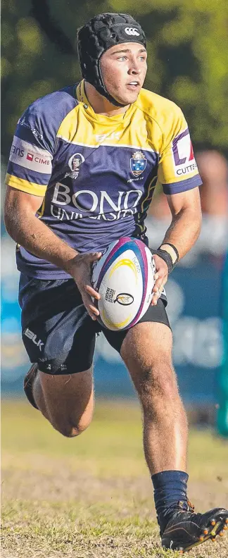  ?? Picture: JERAD WILLIAMS ?? Bond University fullback Hayden Sargeant takes off for a gallop in the two-point loss to Wests at Robina on Saturday.