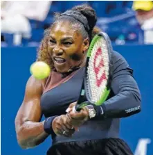  ?? AP PHOTO BY ADAM HUNGER ?? Serena Williams hits a backhand to Karolina Pliskova during the quarterfin­als of the U.S. Open tennis tournament Tuesday in New York.