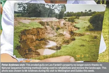  ??  ?? Trolley woes: Peter Andrews visit: This eroded gully on Leo Fardell’s property no longer exists thanks to Natural Sequence Farming methods being used to rehabilita­te and restore the landscape. This photo was shown to Mr Andrews during his visit to...