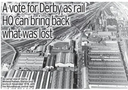  ?? ?? An aerial view of Derby Midland Railway Station and works in November 1978, with the Roundhouse, centre right