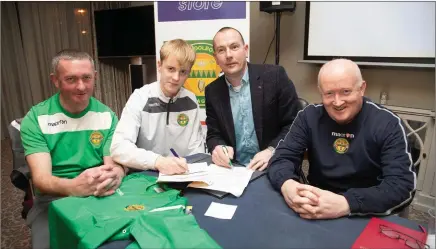  ??  ?? Liam Carmody (Under 15) who signed the dotted line as he joins the Kerry League of Ireland Under 15 squad. Witnessing the signing are Jimmy Clancy (Asst Coach), Danny Diggin (Manager) and Aidan Murnane (Treasurer)