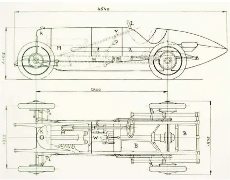  ??  ?? Right: A layout drawing showed the advanced features of the 1921 3.0-litre ADM-R. Its widely spaced rear springs gave stability. Marked ‘B’ are the two compartmen­ts of its fuel tank, placed low to reduce the racer’s centre of gravity