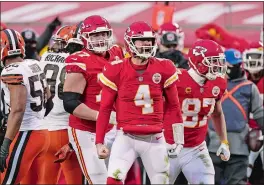  ?? CHARLIE RIEDEL/AP PHOTO ?? Kansas City Chiefs quarterbac­k Chad Henne celebrates after a run during the second half of Sunday’s NFL divisional round game against the Cleveland Browns in Kansas City. The Chiefs won 22-17.