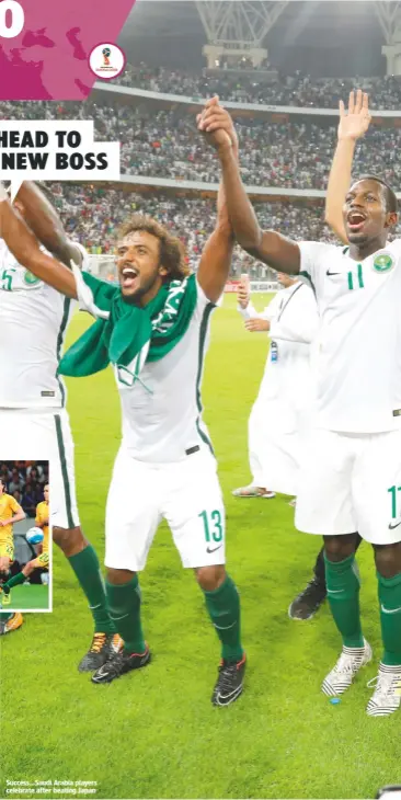  ??  ?? Success...Saudi Arabia players celebrate after beating Japan