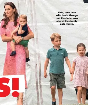  ??  ?? Kate, seen here with Louis, George and Charlotte, was also at the charity polo match.