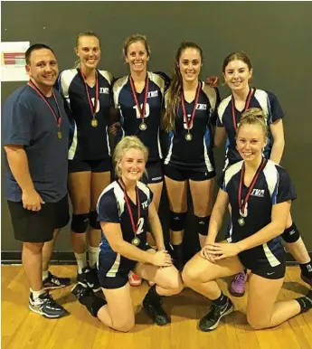  ?? Photos: Contribute­d ?? BIG WIN: The Toowoomba Titans women’s team (from back left) coach Chris Hillman, Sophie Thornton, Sarah English, Georgia Parsons, Erin Phillips, Cassie Thomas and Tessa Knight on gold at the Aces United Volleyball tournament.