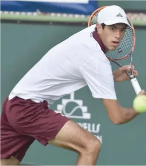  ?? (Photo courtesy of Intercolle­giate Tennis Associatio­n) ?? Mississipp­i State’s Nuno Borges prepares to return a shot at the Oracle ITA National Fall Championsh­ips Sunday.