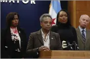  ?? JOSE M. OSORIO — CHICAGO TRIBUNE VIA AP ?? Mayor Lori Lightfoot speaks during a news conference at Chicago City Hall on Wednesday. Lightfoot said classes would be canceled today after determinin­g that she can’t accept the Chicago Teachers Union’s demands, which she says would cost the city $2.5billion it can’t afford. Talks are expected to continue.