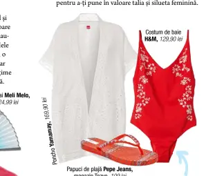  ??  ?? Papuci de plajă Pepe Jeans, magazin Tezyo, 109 lei Costum de baie H&M, 129,90 lei