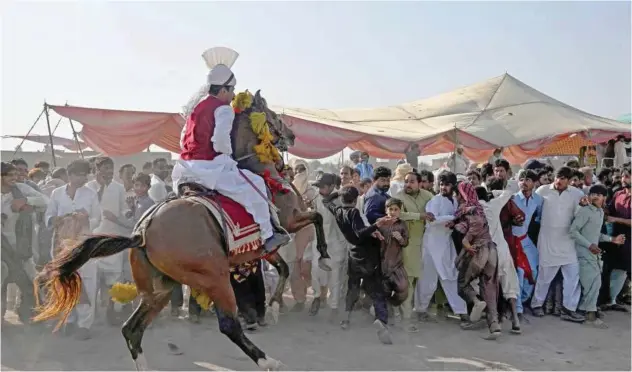  ?? Agence France-presse ?? ↑
A horse rider administra­tes visitors watching a tent pegging competitio­n during the annual Shah Jewana mela in Jhang district, Punjab, on Sunday.