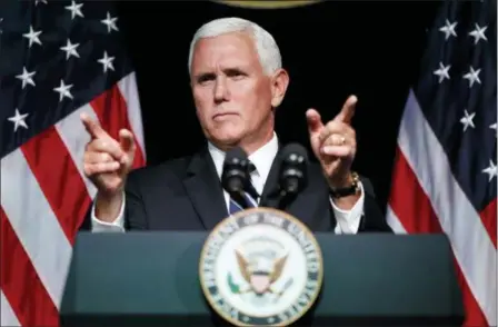  ?? EVAN VUCCI — THE ASSOCIATED PRESS ?? Vice President Mike Pence gestures during an event on the creation of a U. S. Space Force, Thursday at the Pentagon. Pence says the time has come to establish a new United States Space Force to ensure America’s dominance in space amid heightened completion and threats from China and Russia.