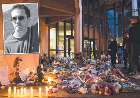  ??  ?? Mourners leave flowers at the middle school in Conflans-Sainte-Honorine and (inset) beheaded history teacher Samuel Paty. Main picture: AFP