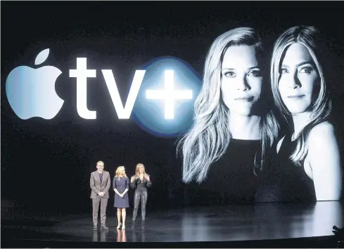  ?? AFP ?? In this photo taken on March 25, 2019, actors Steve Carell, Reese Witherspoo­n and Jennifer Aniston speak during an event launching Apple TV+ at Apple Inc’s headquarte­rs in Cupertino, California. The service will launch on Friday in more than 100 countries at $4.99 per month.