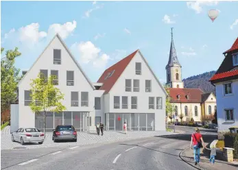  ?? GRAFIK: MUNZ ARCHITEKT ?? So soll der Neubau der Geschäftss­telle in Wurmlingen, samt Apotheke und Wohnungen, an der Unteren Hauptstraß­e aussehen.