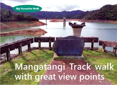  ??  ?? Above: Mangatangi Reservoir Dam Inaugurati­on Stone. Behind is the excess water spill pillar. Below left: Semi-circular rim of the top of the dam.
Below right: Antenna equipment at the peak (Mangatanui 487m) just by the side of the Trig.