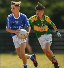  ??  ?? Joseph Cronin Langham of Laune Rangers, Co. Kerry, in action against Luc O’Conor of Claregalwa­y during the John West Féile Peil na nÓg in Meath Photo by Harry Murphy / Sportsfile