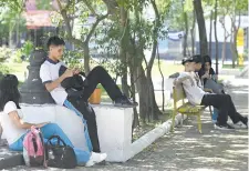  ?? ?? Estudiante­s se refugian bajo árboles en una plaza del microcentr­o de Asunción ante el calor extremo que se registra.
