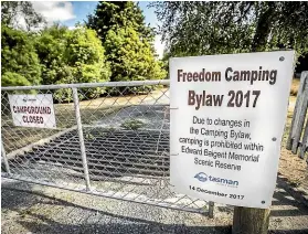  ?? STUFF ?? German campers Vincent Thaller, left, Felix Stolz, Dominik Grall and Elina Sternberg at the Waitapu Bridge designated camping site, near Takaka. The area is due to be improved in time for the 2018-19 season; in December, freedom camping was banned at the Edward Baigent Memorial Scenic Reserve.