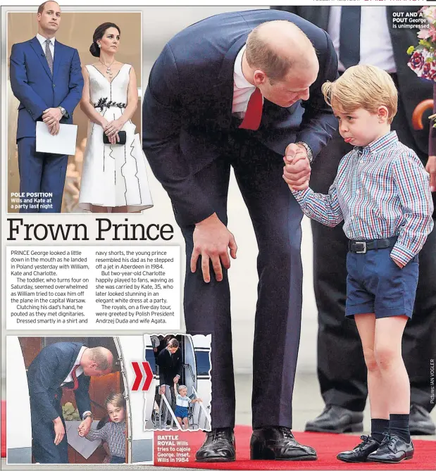  ??  ?? POLE POSITION Wills and Kate at a party last night BATTLE ROYAL Wills tries to cajole George. Inset, Wills in 1984 OUT AND A POUT George is unimpresse­d