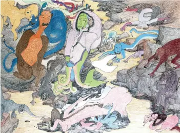  ?? COURTESY FEHELEY FINE ARTS ?? BELOW (LEFT) Shuvinai Ashoona (b. 1961 Kinngait) — Creatures2­015Coloure­d pencil and ink 96.5 × 127 cm