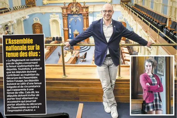  ?? PHOTOS SIMON CLARK ?? Le député de Québec solidaire Sol Zanetti ne s’empêche pas de porter des jeans et des espadrille­s au Salon bleu. La tenue de la députée solidaire Émilise Lessard-therrien (en mortaise) contraste avec les tailleurs plus communs à l’assemblée nationale.