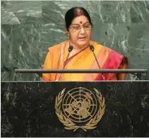  ??  ?? MAKING A POINT: Sushma Swaraj, minister of external affairs for India, speaks during the 71st session of the United Nations General Assembly at UN headquarte­rs on Monday. (AP)