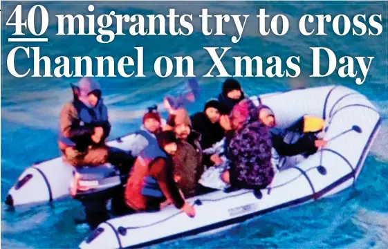  ??  ?? Plucked from the sea: Eight migrants adrift in a dinghy are rescued by British and French coastguard­s in the Channel yesterday