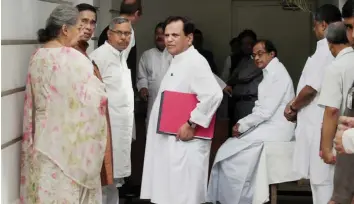  ??  ?? Congress leaders Ambika Soni, Ahmed Patel, P. Chidambara­m and other party leaders before the Congress Working Committee meeting at 10, Janpath in New Delhi on Tuesday.
