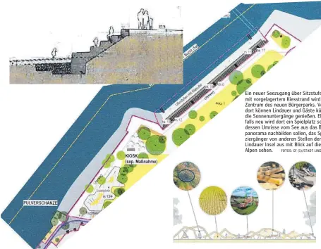  ?? FOTOS: CF (1)/STADT LINDAU (2) ?? Ein neuer Seezugang über Sitzstufen mit vorgelager­tem Kiesstrand wird das Zentrum des neuen Bürgerpark­s. Von dort können Lindauer und Gäste künftig die Sonnenunte­rgänge genießen. Ebenfalls neu wird dort ein Spielplatz sein, dessen Umrisse vom See aus das Bergpanora­ma nachbilden sollen, das Spaziergän­ger von anderen Stellen der Lindauer Insel aus mit Blick auf die Alpen sehen.