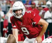  ?? ASSOCIATED PRESS ?? IN THIS AUG. 11, 2018, FILE PHOTO, Arizona Cardinals quarterbac­k Sam Bradford (9) calls signals during the first half of an preseason NFL football game against the Los Angeles Chargers, in Glendale.